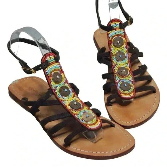 Mystique Beaded Gladiator Sandals Flats Ankle T-Strap Leather Women’s Size 7 - Picture 1 of 11